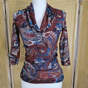 Y2K Sweet Pea Mesh 3/4 Sleeve Brown & Blue Paisley Top Size Small